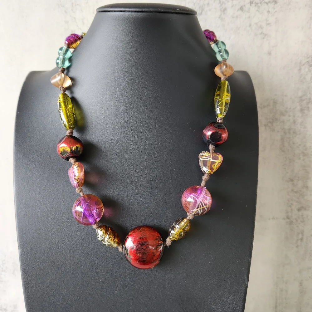 Handcrafted Artisan Art Glass Beaded Necklace Leather Cord Red Gold Purple Heart